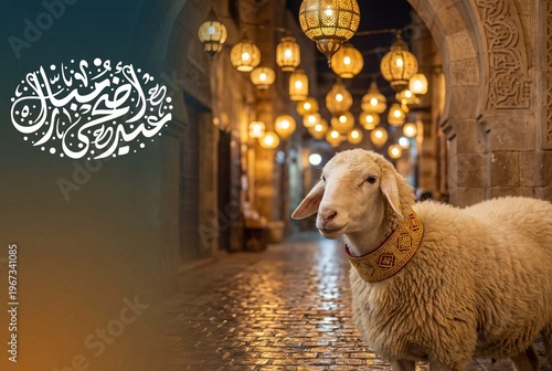 Najdi Sheep with Ceremonial Collar in Illuminated Arab Souk Alleyway at Night, Eid Al Adha Concept