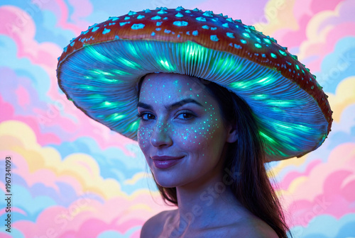 Surrealist Fashion Editorial – Bioluminescent Model With Giant Mushroom Hat on Pastel Cloud Background
