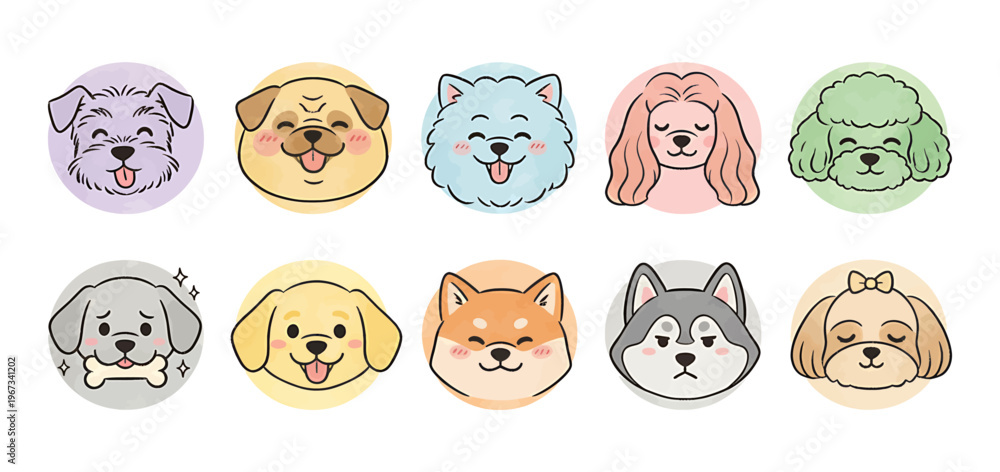 Obraz premium Cute cats facial expression icons. A collection of simple face stickersflat vector in a circle