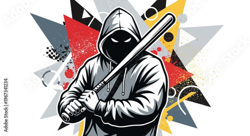 Graphic illustration of a mysterious hooded figure holding a baseball bat with an abstract geometric background in a bold, urban style.