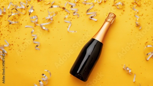 Celebration With Champagne Bottle on Yellow Background With Confetti