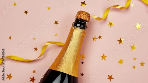 Celebration With Champagne Bottle and Colorful Decorations on Pink Background