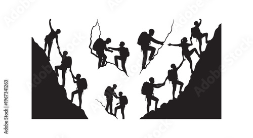 People climbing mountains with different postures and actions silhouette isolated on transparent background