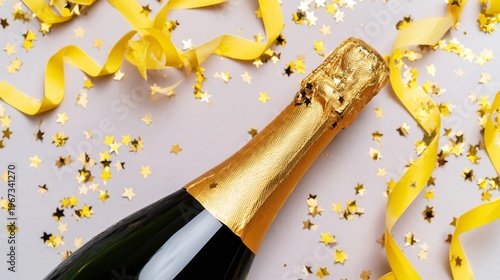 Bright Celebration With Champagne Bottle and Golden Confetti on Table