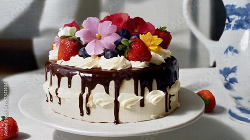 Colorful Cake Decorated With Icing and Sprinkles Sits on a Wooden Table in a ...