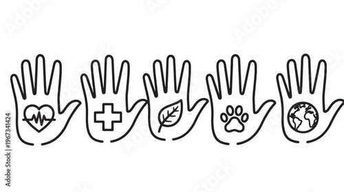 Hands icons with symbols of health, nature, animals, and earth, representing care and protection in a line