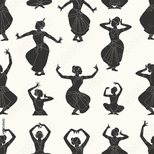 Indian Classical Dancer Silhouettes Seamless Pattern. Elegant women performing traditional dance poses, cultural graphic design background.