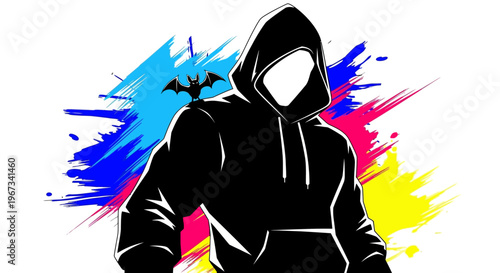 A silhouette of a person in a hoodie with a bat on the shoulder against a colorful paint splash background.