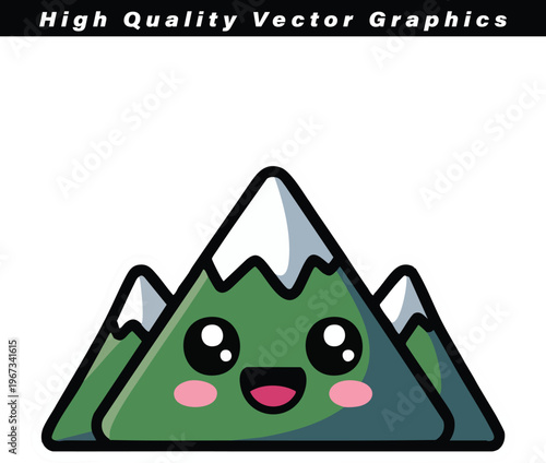 Mountain character with a happy face and snow-capped peaks smiles cheerfully, depicted in a cute kawaii vector illustration style against a clean white background.