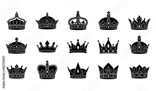 A collection of black crowns in various designs on a white background