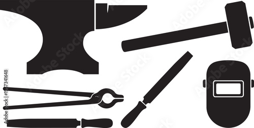 A professional vector illustration set of metal hand tools and business equipment icons designed in a black symbol style for modern technology design concepts on paper or computer