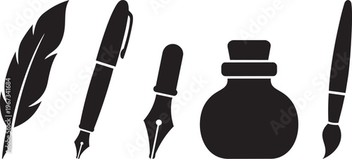 Antique quill feather pen and inkwell vector illustration featuring a black vintage plume and old bird wing design for calligraphy art icons