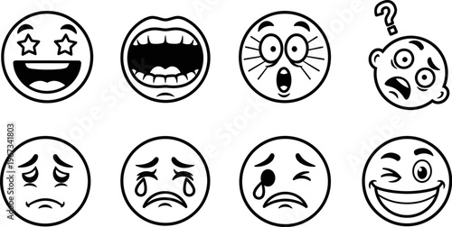 set of cute cartoon faces with different emotions and expressions on white background
