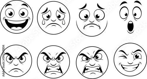 Collection of various cartoon faces with different emotions on white background