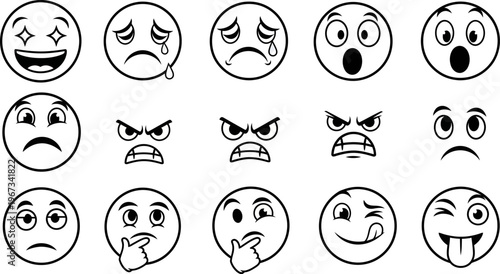 A set of various emoticon faces expressing different emotions and reactions  isolated on white background