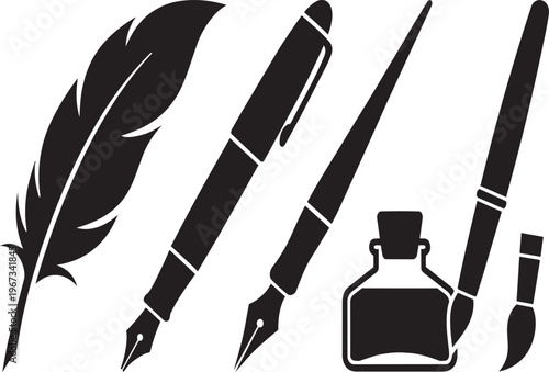Antique quill feather pen and inkwell vector illustration featuring a black vintage plume and old bird wing design for calligraphy art icons