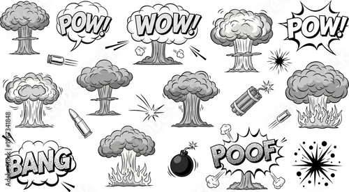 cartoon comic explosion and bomb illustrations with speech bubbles on white background
