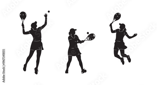 Three tennis players in action silhouettes on white background isolated on transparent background