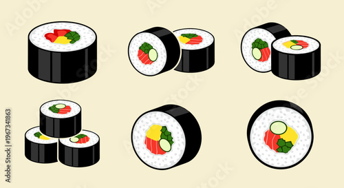 Vibrant Illustrated Sushi Rolls Set - Appetizing Asian Cuisine Food Collection Design