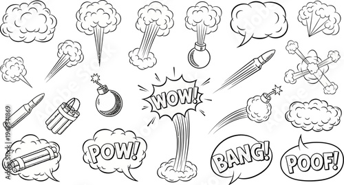 comic book explosion and bomb graphic illustrations with speech bubbles and sound effects