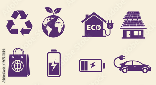 Collection of eco-friendly and sustainable lifestyle icons with purple illustrations