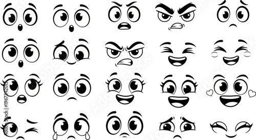 Collection of various cartoon faces with different emotions and expressions on white background