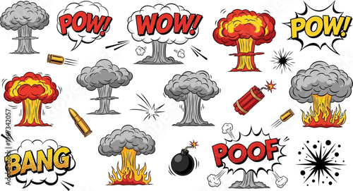 cartoon explosion icons with sound effects on white background