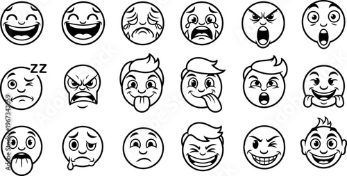 set of cartoon faces with different emotions and expressions on white background