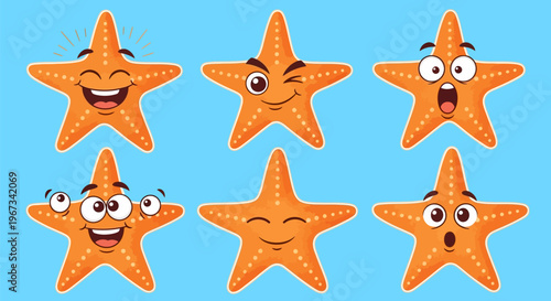Set of six cartoon starfish with various happy and surprised expressions on blue background  sea creatures