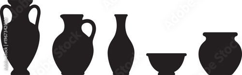 A collection of antique ceramic vases and brown clay jugs includes a porcelain milk pitcher and pottery jars isolated as decorative objects