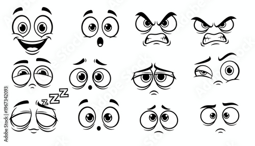 Collection of cartoon faces with different emotions and expressions on white background