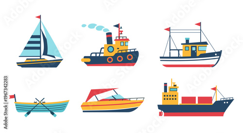 Vibrant Collection of Various Boat and Ship Designs in Flat Illustration Style