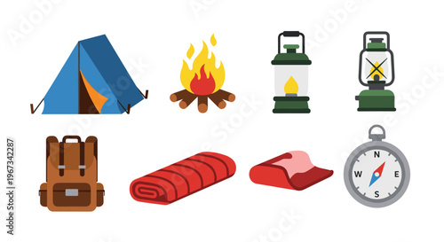 Essential Camping and Outdoor Activity Gear Collection in Flat Design Style