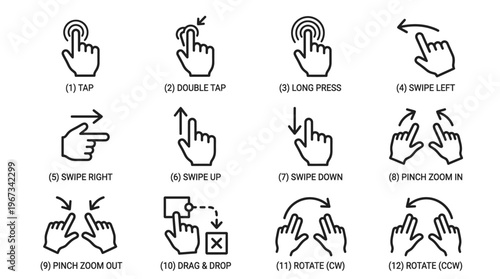 Modern linear vector icon set demonstrating essential touch screen interaction gestures for intuitive user interface and mobile application design