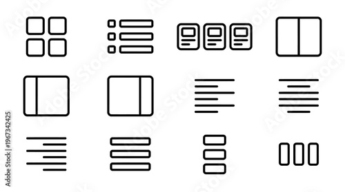 Collection of line art vector icons for user interface design, featuring layout, list, grid, text alignment, and content organization elements