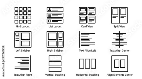 Comprehensive vector icon pack showcasing diverse UI/UX layouts, content organization, and text alignment principles for digital design and web development projects