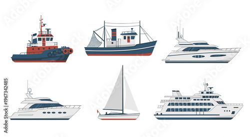 Collection of illustrations of vessels: yacht, sailboat and cruise ship