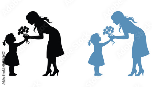 Mother silhouette giving flowers to little girl in dress illustration