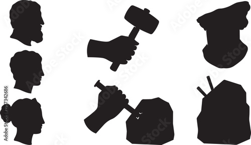 Black vector illustration of a profile silhouette of a woman with long hair holding a gun as a shadow person