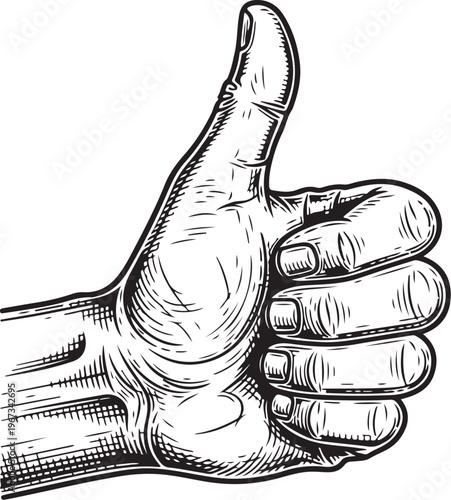 A classic thumbs-up gesture depicted in a detailed black and white illustration sketch vector illustration