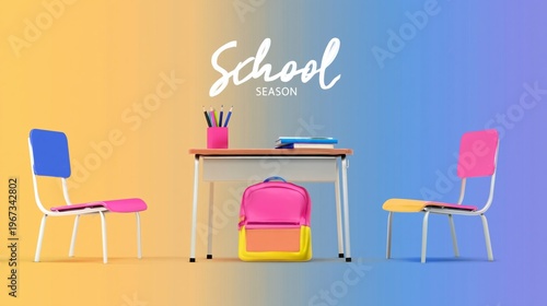 School Season Shows a Classroom Setup With Colorful Chairs and a Backpack on ...