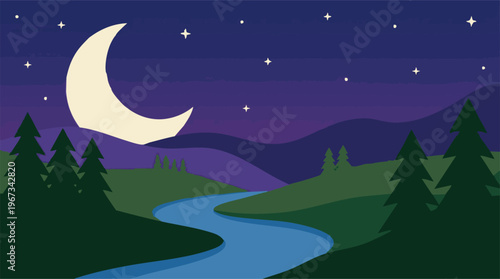 Peaceful night nature scene with crescent moon, stars, trees, and river