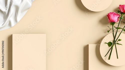Different Shapes and Flowers on a Beige Surface With Draped Fabric in Bright Light