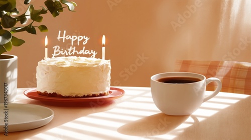 Birthday Cake With Candles and Coffee on a Table in a Warm Room With Sunlight