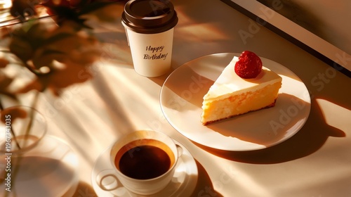 Enjoying Cake and Coffee on a Birthday Celebration at a Table in Soft Afterno...