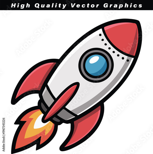 A modern cartoon rocket, rendered in bold red and white, propels skyward with intense fiery exhaust, signifying ambition, progress, and groundbreaking exploration.