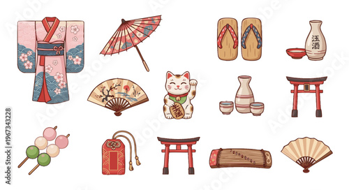 Japanese Cultural Heritage Icons and Spring Tradition Symbols Set