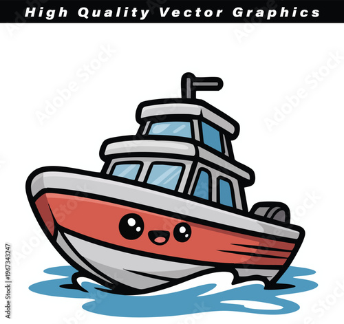 A charming cartoon boat, featuring a red hull and white cabin, navigates through calm blue water with a friendly smiling face, perfect for children's themes.