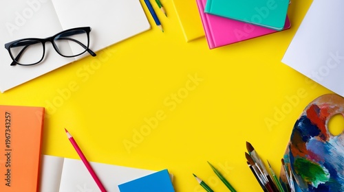 Creative Workspace With Colorful Stationery and Art Supplies on a Bright Yell...
