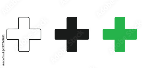 Set of three plus signs, including outline, solid black, and bright green icons, representing addition, medical, or positive concepts